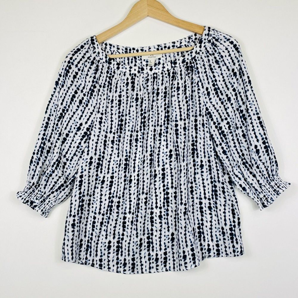 NEW H Halston Womens XS Top Sky Captain Stripe Boho Blouse Loose Casual Coastal